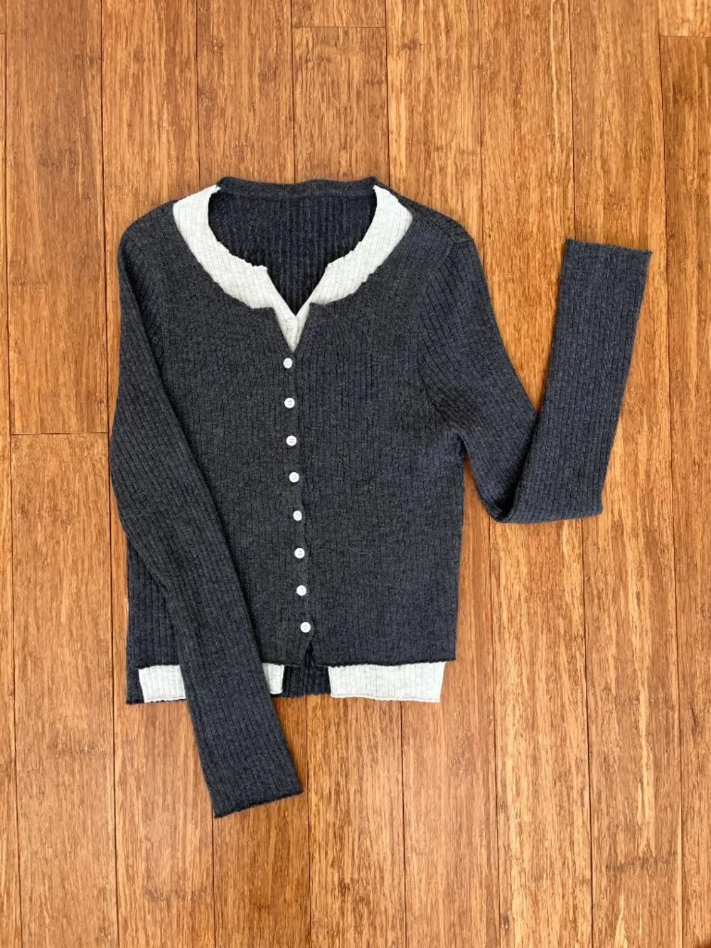 Gray Ribbed Layered Knit Button Front Long Sleeve Sweater